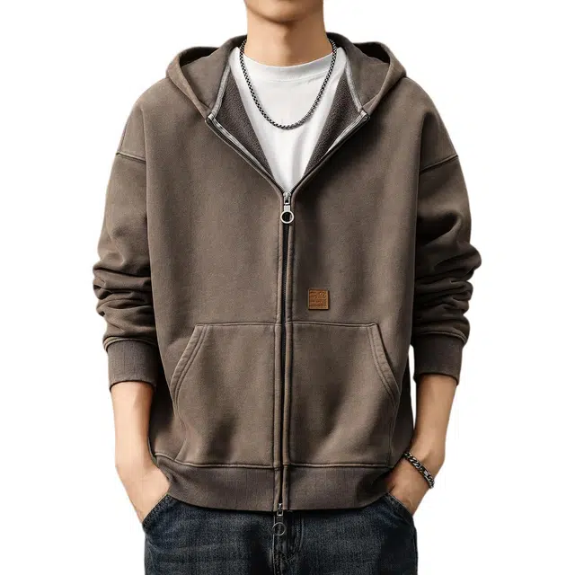 贵色 秋季 日系纯色简约风高端重磅炒砂渐变水洗长袖男士潮牌高街个性帅气日常穿搭休闲保暖连帽开衫外套卫衣 宽松型 男女同款