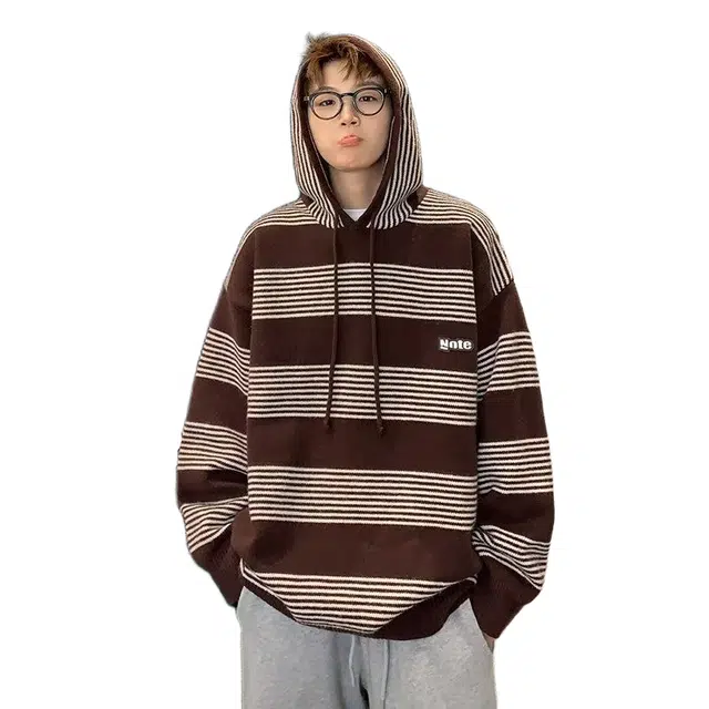 大格子与黑猫 美式潮牌条纹撞色长袖连帽男秋冬复古慵懒宽松情侣外套针织衫 男女同款