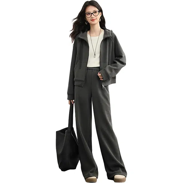 佐塞斯 高端品质轻奢轻运动秋冬加绒翻领拉链开衫休闲裤两件套卫衣套装 女款