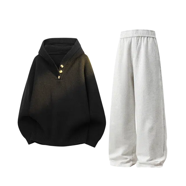 素杭 美式高街连帽针织开衫毛衣外套搭配松紧腰直筒阔腿长裤两件套潮流穿搭一整套休闲运动套装 男女同款