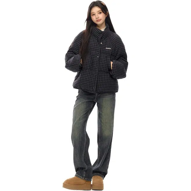 思蓓儿 冬季实穿韩系格纹立领短款女宽松面包服外套加厚保暖高级感慵懒风设计微胖身材遮肉显瘦百搭多重场合棉服 男女同款