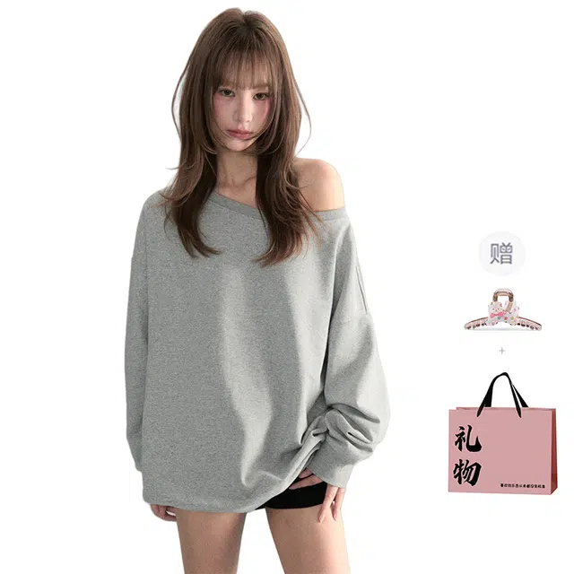 柏黛妃 纯色斜领高级感宽松露肩长袖卫衣 女款