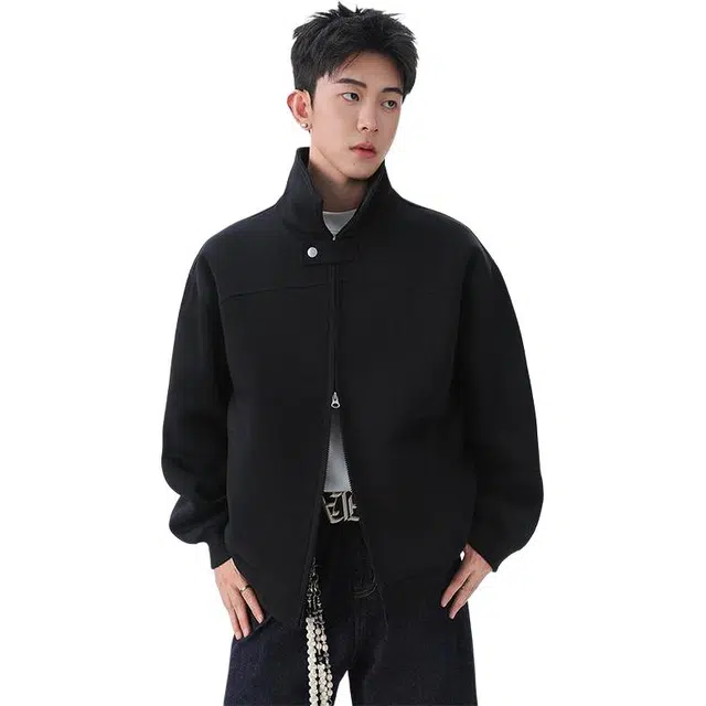 协协乐 美式解构开衫外套卫衣男士秋冬季潮牌宽松休闲青少年痞帅翻领拼接氛围感小众设计款夹克 男款