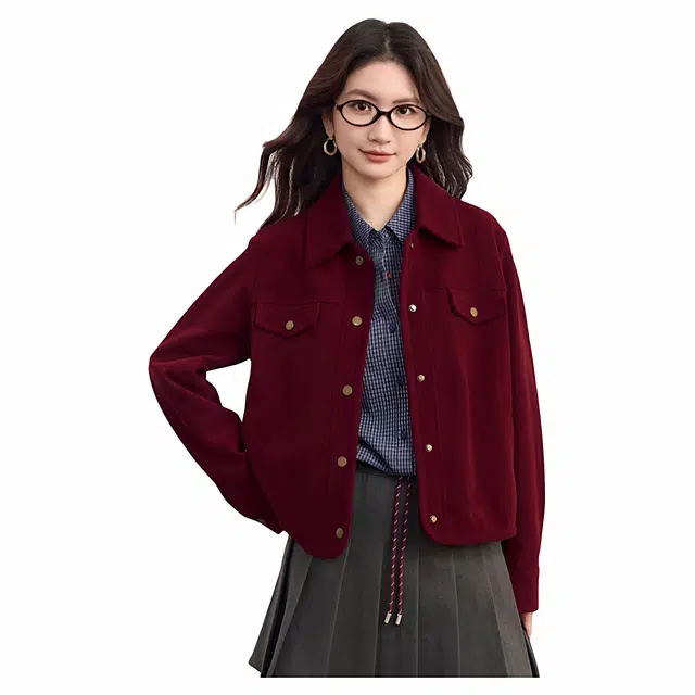 佐塞斯 复古安哥拉红短松弛感落肩翻领夹克外套 女款