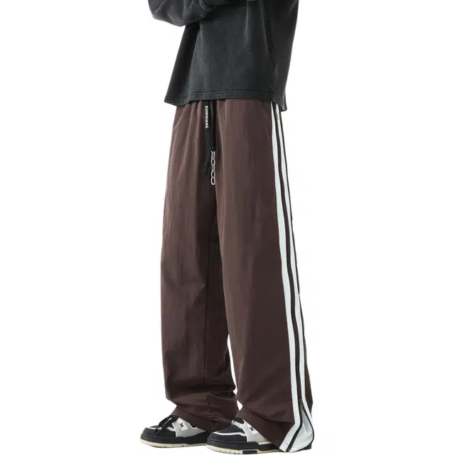 敦煌博物馆 美式复古侧面拉链拼色直筒阔腿微喇拖地显高显瘦伞兵机能工装长裤潮流静默学院风户外运动防泼水百搭休闲裤 男女同款