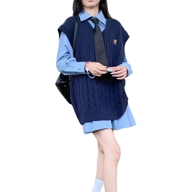 小卷要加油 美式复古学院风背心马甲叠穿条纹连衣裙女早秋穿搭两件套衬衫套装 女款