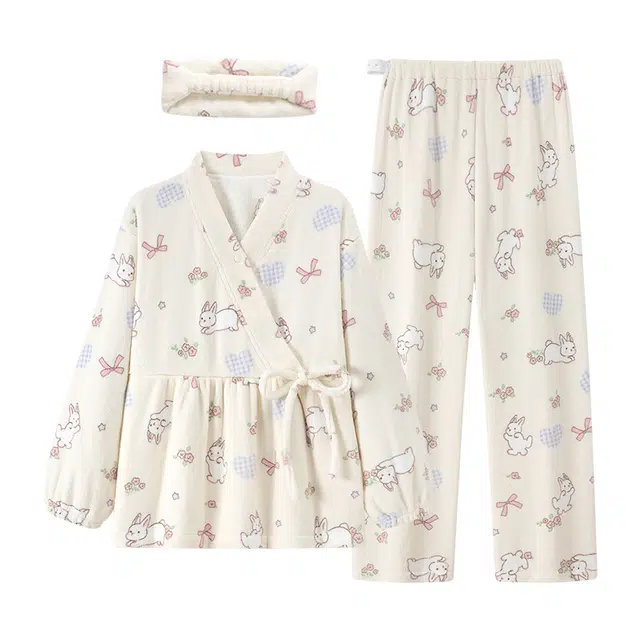 宫蝶 珊瑚绒月子服带头巾三件套保暖产后哺乳产妇家居服满印睡衣套装 女款