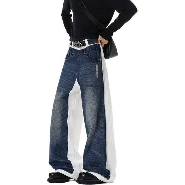 加荣 美式复古蓝白拼接弯刀牛仔裤男时尚高级感直筒裤男休闲百搭裤男款宽松舒适阔腿裤男高街松弛感男痞帅炸街长裤 男女同款
