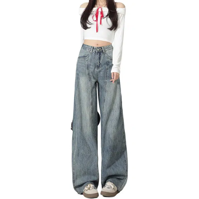 么宁 美式高街复古慵懒感高腰宽松阔腿裤不贴肉遮肉显瘦显腿直直筒百搭镰刀裤牛仔裤 女款
