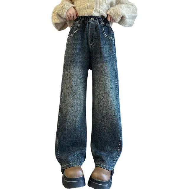 蓝彩何牛仔裤 女大童加绒裤子秋冬装女孩加厚直筒长裤阔腿裤初中生一体