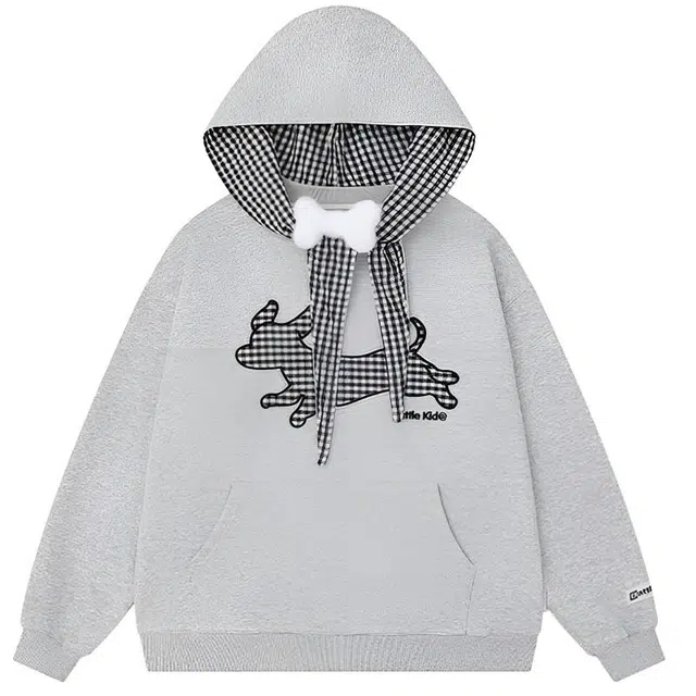 囍鱼少女 美式复古可爱小狗刺绣蝴蝶结连帽秋冬慵懒风宽松长袖上衣外套卫衣 女款