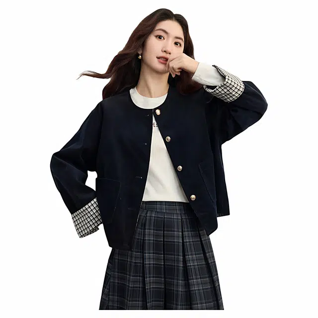 佐塞斯 高端品质轻奢复古回潮灯芯绒短外套女秋冬季气质宽松圆领格子拼接上衣夹克 女款