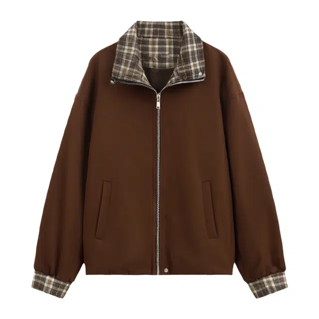 潞优野 撞色复古休闲摩登格纹拼接立领针织呢保暖外套夹克 女款