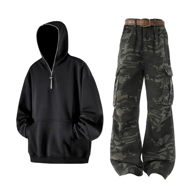 梓润格 秋季美式潮流宽松半拉链设计感连帽卫衣纯色简约高级感时尚舒适日常百搭无性别主义高街褶皱直筒工装牛仔裤休闲套装 男女同款