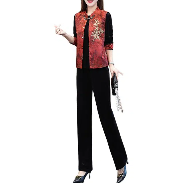 缪斯的诱惑 新中式国风复古唐装高质感丝绒提花单盘扣民族风刺绣东方古典立领马甲汉服长袖上衣高腰阔腿裤三件套优雅气质时尚休闲套装 女款