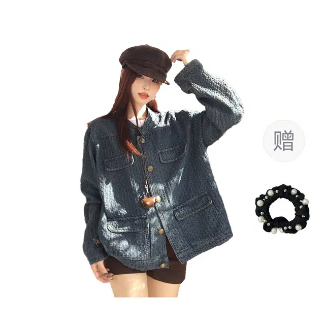 雾闪闪 大码女装秋季皮衣外套 韩版显瘦宽松甜酷牛仔夹克 女款