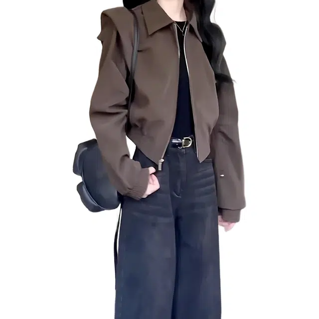 小卷要加油 初秋棕色短款外套女春秋款独特超好看显瘦小个子早秋夹克 女款