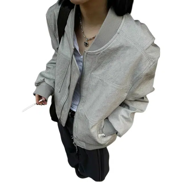 小卷要加油 美式复古石灰短款宽松休闲中性风棒球服外套女国潮流夹克 女款