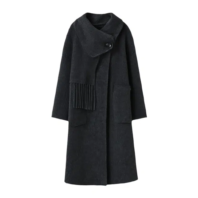 潞优野 高档气质优雅保暖氛围感耗牛绒羊毛呢牛角扣外套围巾双面呢大衣 女款