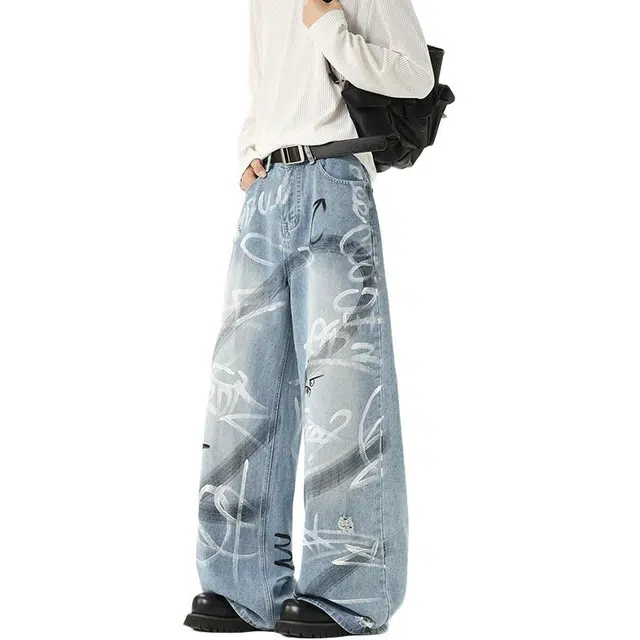 加荣 美式涂鸦印花牛仔裤男秋季复古水洗做旧阔腿裤男款潮流设计感百搭休闲裤男士街头痞帅宽松弯刀裤男小众情侣炸街直筒长裤 男女同款