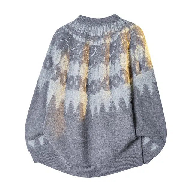 棉基因 费尔岛提花撞色柔软舒适加厚保暖御寒连帽毛领腰果花基础款百搭时尚休闲宽松打底衣针织毛衣 男女同款