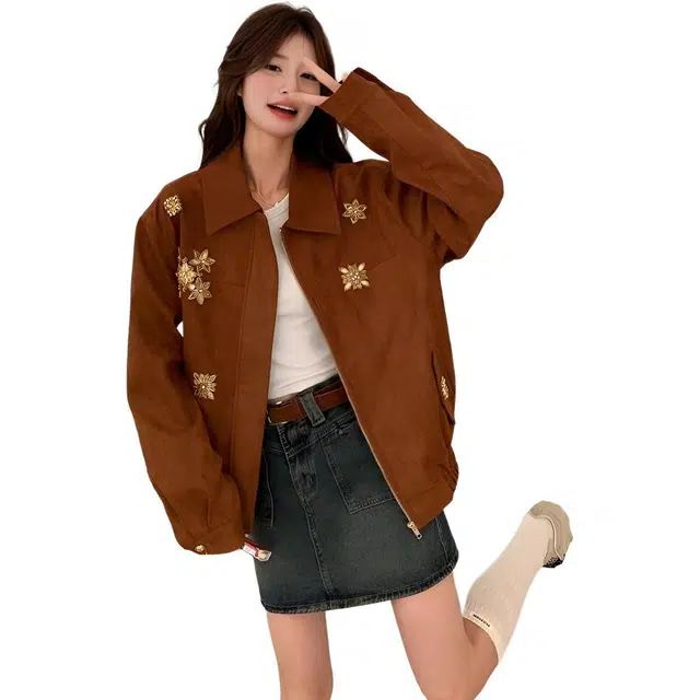 小卷要加油 麂皮绒拉链美式短款外套女秋季超好看小个子减龄洋气夹克 女款