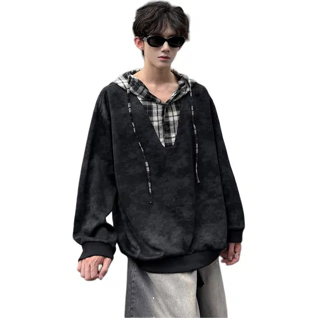 拓菲 格子拼接扎染连帽男潮牌假两件外套美式复古小众设计感秋季套头上衣卫衣 男女同款