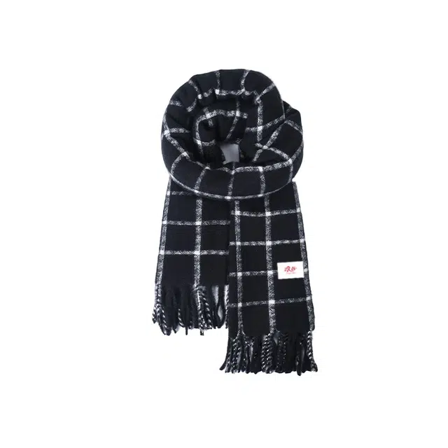 浪莎 超显白蓝白格纹双面 保暖流苏 礼盒装 聚酯纤维 绒线围巾 男女同款情侣款