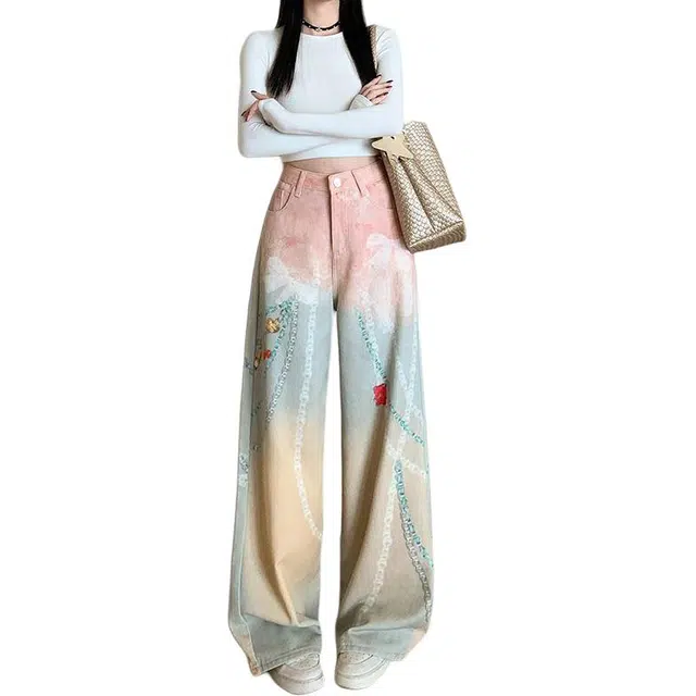 黛尔佳人 印花女甜美水洗休闲高腰宽松显瘦直筒阔腿裤牛仔裤 女款