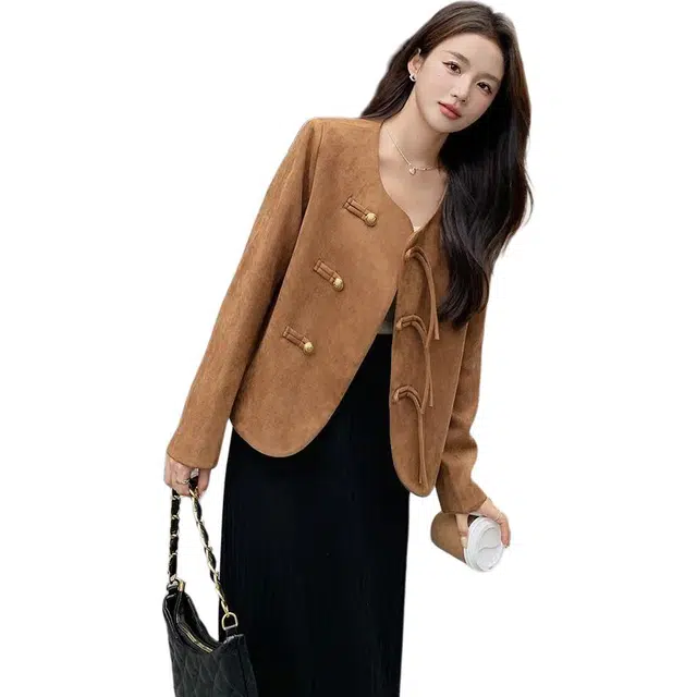 小卷要加油 美拉德穿搭短款驼色新中式盘扣外套女春秋高级感气质夹克 女款
