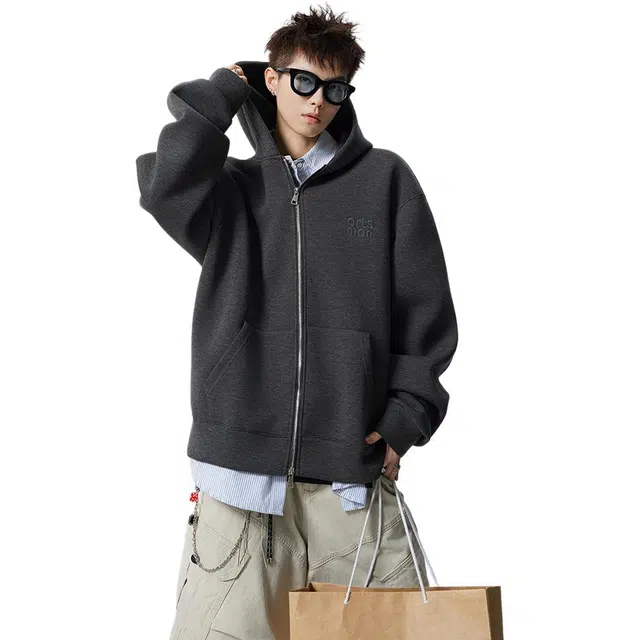 佐菲利 美式复古拉链连帽开衫设计感宽松绣花休闲情侣外套卫衣 男女同款