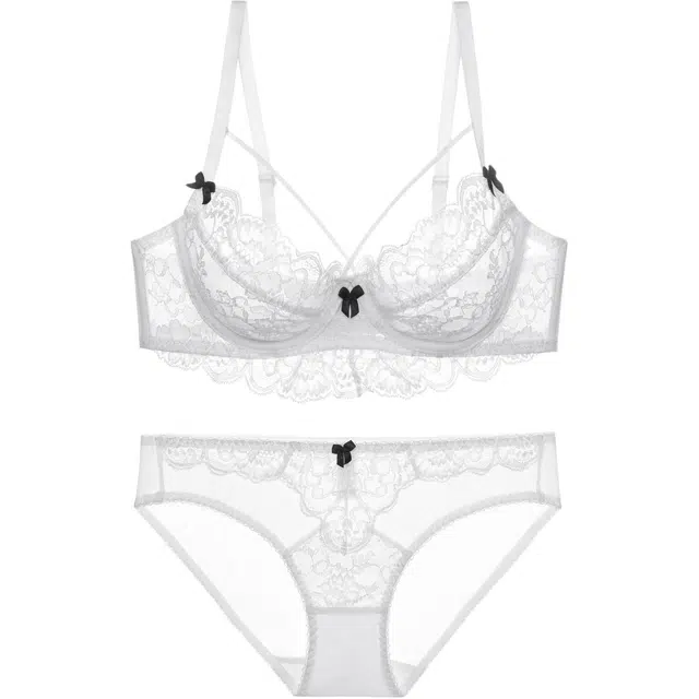 皇室品轩 法式女士性感文胸蕾丝蝴蝶结撞色美胸大胸显小薄内衣裤套装 女款