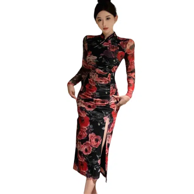 纤丝鸟 复古新中式印花改良版旗袍开叉修身包臀裙子潮长袖连衣裙 女款