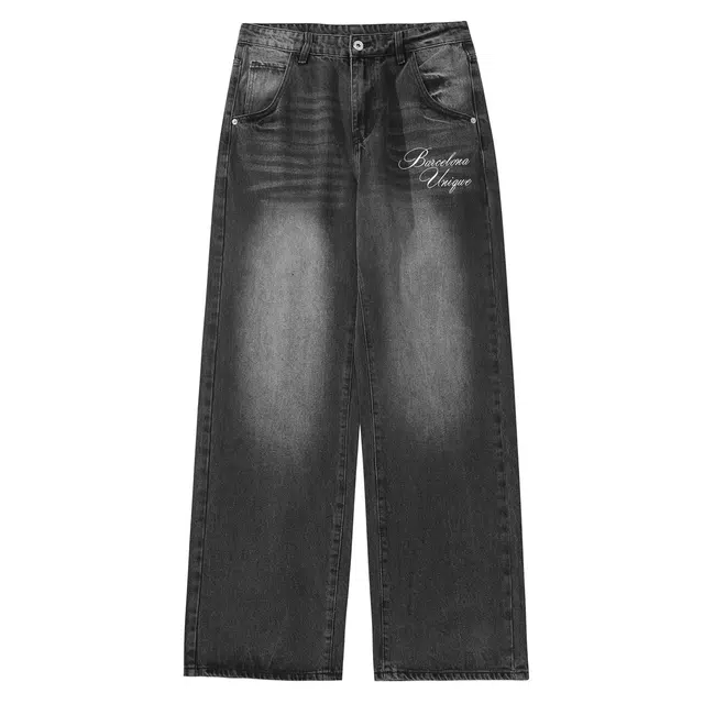 巴塞罗那足球俱乐部 美式潮牌复古宽松直筒百搭舒适长裤日常通勤阔腿休闲简约字母印花牛仔裤 男女同款