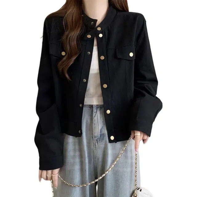 小卷要加油 长袖外套女秋季美式复古宽松显瘦百搭立领短款上衣夹克 女款