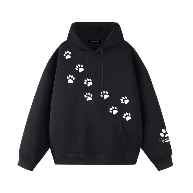 一人之下 美式休闲趣味可爱狗狗脚印字母印花简约个性百搭时尚潮流宽松舒适日常通勤落肩长袖连帽卫衣 男女同款