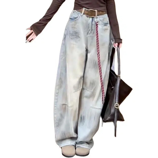 如续 美式辣妹做旧脏染弯刀裤时尚百搭显瘦垂感设计感潮牌高街直筒宽松阔腿裤女生小个子款牛仔裤 女款