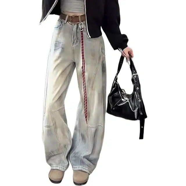 如续 秋季美式辣妹做旧脏染设计感潮牌高街时尚潮流个性高腰显瘦直筒宽松阔腿裤牛仔裤 女款