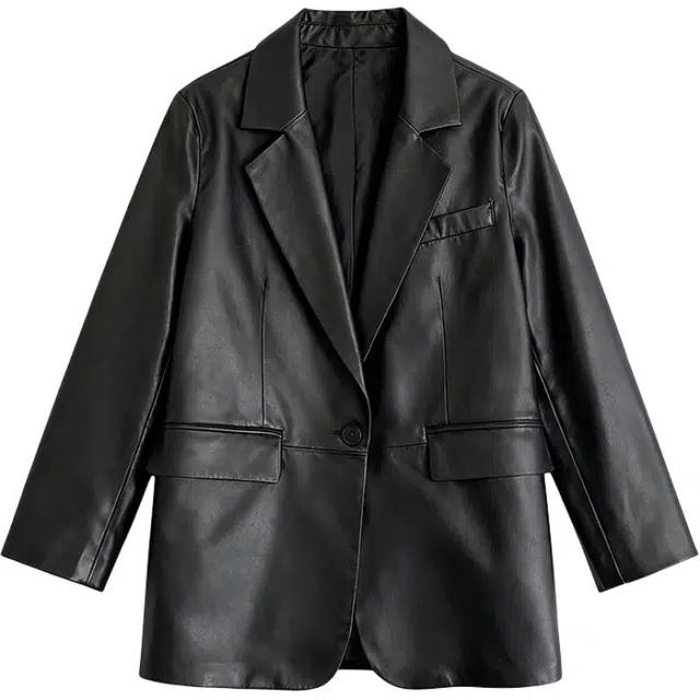 潞优野 高档进口真皮绵羊皮修身百搭夹克西装外套女中长款宽松小西服廓形皮衣 女款