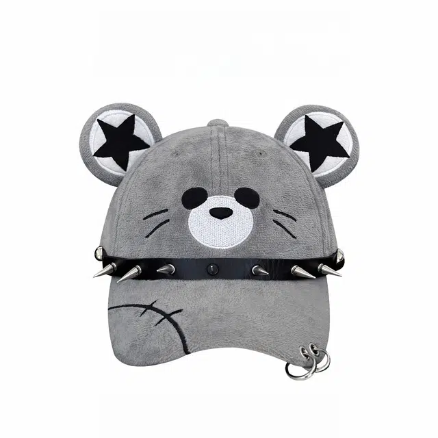 钓鱼熊 原创小众朋克暗黑铆钉可爱百搭 毛绒 鸭舌帽 男女同款情侣款