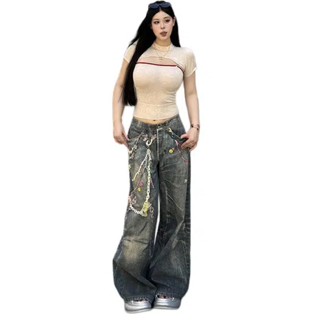 洋气先生 美式高街复古水洗做旧个性满印链条中腰拉链小众设计感时尚潮流帅气百搭宽松休闲工装阔腿垂感直筒显高显瘦氛围感牛仔裤 男女同款