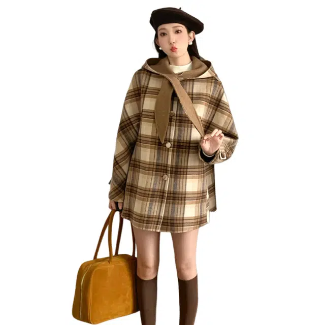 荟萃阁 甜美双面穿系带连帽毛呢外套大衣 女款