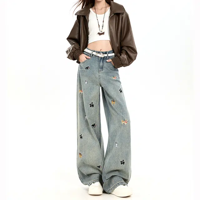 如续 美式复古刺绣趣味小狗宽松显瘦阔腿裤垂感拖地裤女牛仔裤 女款