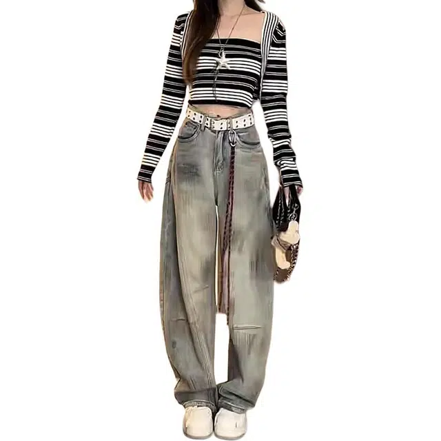 如续 秋季上新美式风格刺绣脏染效果做旧高腰设计宽松版型时尚潮流显瘦工装弯刀阔腿拖地裤牛仔裤 女款