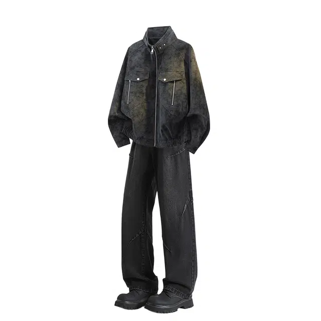 素杭 美式扎染立领中性风开衫夹克外套搭配抽绳松紧腰设计感复古水洗牛仔裤两件套休闲运动套装 男女同款