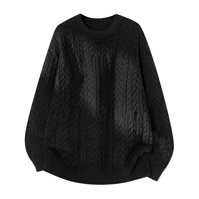 棉基因 文艺风编织肌理感纯色百搭麻花纹理圆领针织上衣结构设计款保暖宽松休闲毛衣 男女同款
