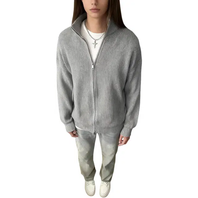 华夏儿女 美式复古纯色慵懒风拉链立领开衫毛线衣百搭休闲情侣外套宽松加厚内搭打底针织衫 男女同款