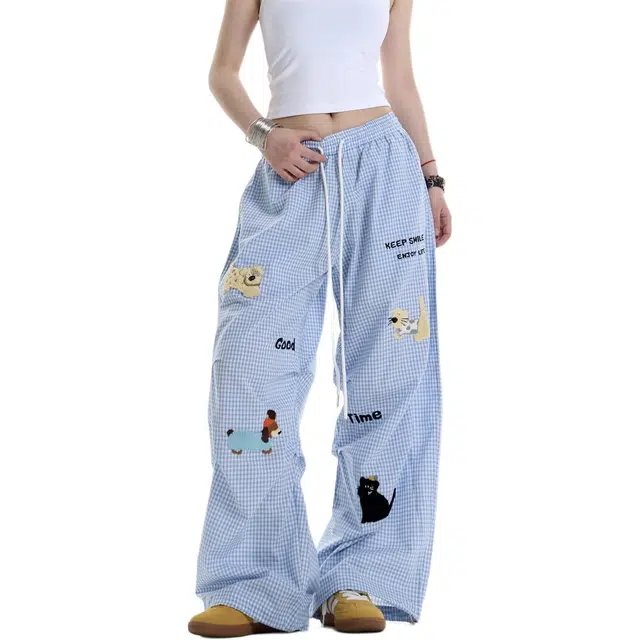 洋气先生 美式高街复古简格纹字母卡通动物印花小众设计感时尚潮流帅气百搭宽松阔腿垂感中腰系带直筒显高显瘦氛围感休闲裤 男女同款