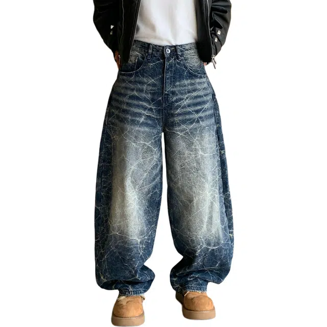 宝米卡 巴黎风潮牌美式复古高街闪电纹宽松直筒阔腿休闲弯刀长裤牛仔裤 男女同款