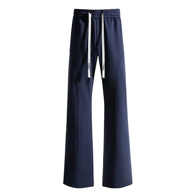 蓝精灵 大码显高显瘦斜切弯刀微喇修身垂感美式高街潮牌基础款帅气针织卫裤舒适柔软亲肤情侣潮流百搭宽松直筒阔腿运动休闲裤 男女同款